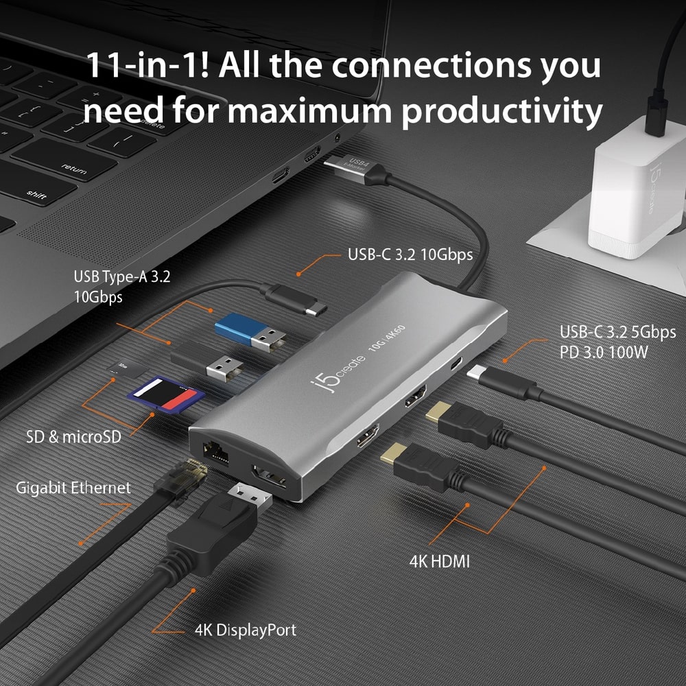J5create 4K60 Elite USB-C 11-in-1 Triple-Monitor 10Gbps Mini Dock (JCD397)