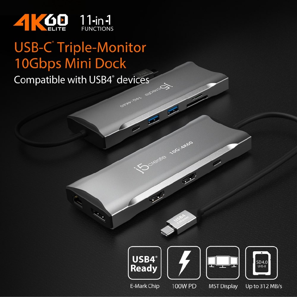 J5create 4K60 Elite USB-C 11-in-1 Triple-Monitor 10Gbps Mini Dock (JCD397)