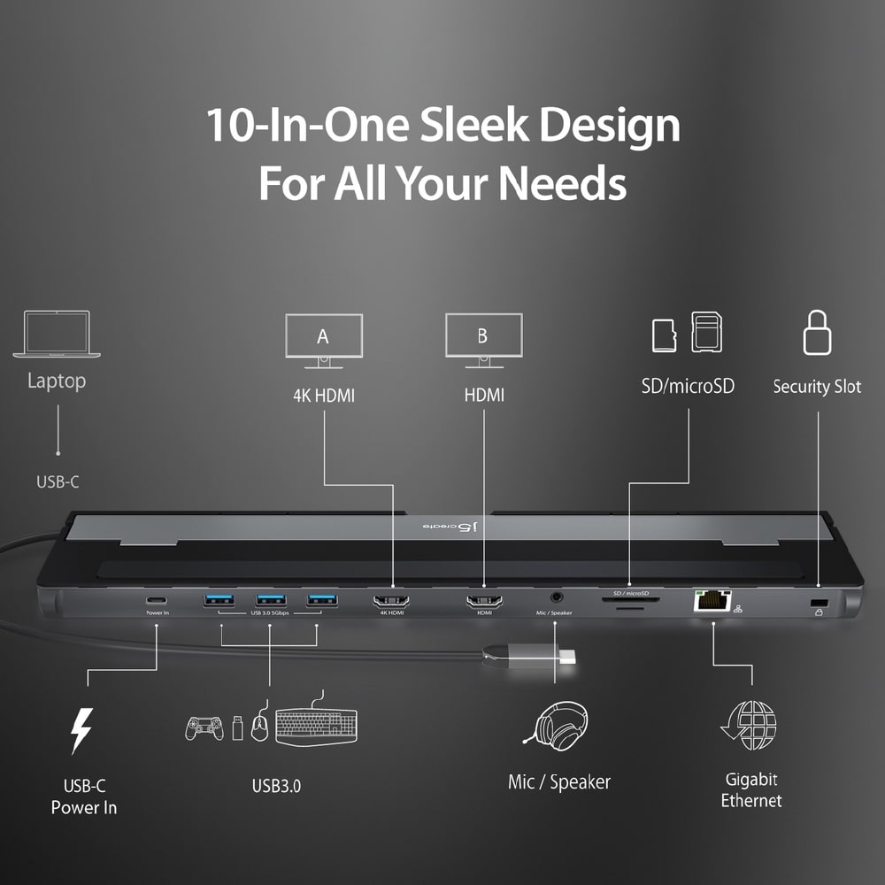 J5create USB-C 10-in-1 Dual HDMI™ Docking Station (JCD542)