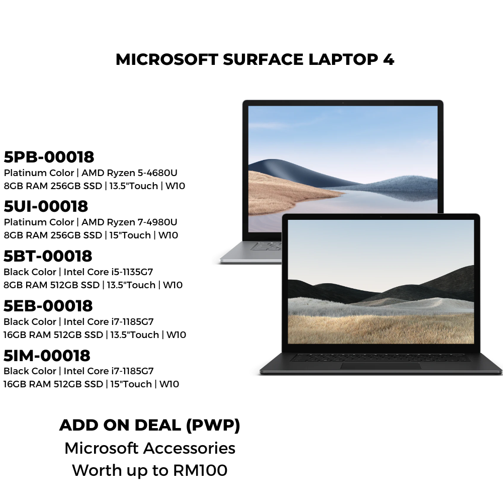 Microsoft Surface Laptop 4 Platinum / Black | 13.5" / 15" | W10 | 1 year Warranty + Free Microsoft Mobile Bluetooth Mouse worth RM199