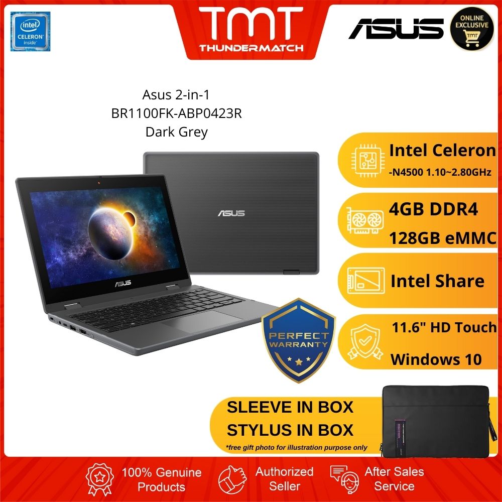 Asus 2-in-1 Laptop BR1100FK-ABP0423R Dark Grey | Intel Celeron N4500 | 4GB RAM 128GB eMMC | 11.6" HD Touch+Pen | W10 Pro